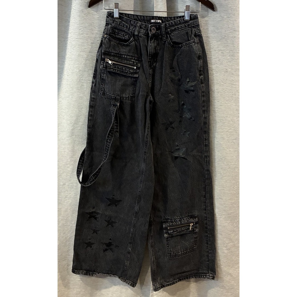 Hot Topic Pants Jeans Size‎ 1 Black Cargo Grunge Goth Wide Leg Punk Emo Pants